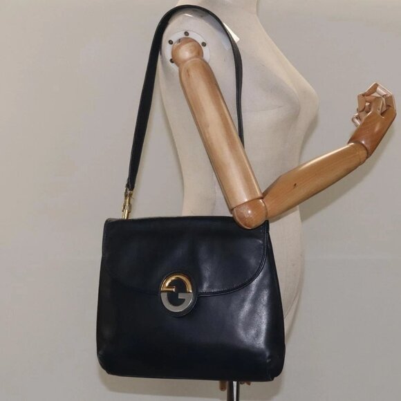GUCCI Shoulder Bag Leather Navy Gold Auth - Picture 1 of 16